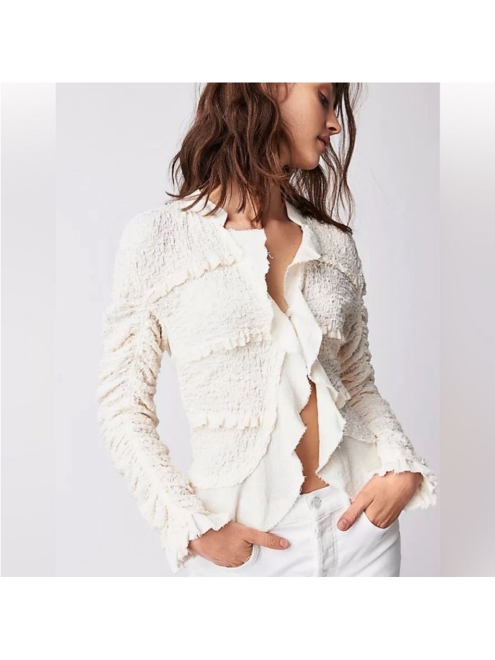 We the Free People Barbie Pink Textured Ruffle Peplum Demi Jacket Top M - Picture 2 of 9
